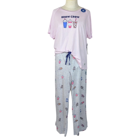 Life Is Good Brew Crew Coffee Print PJ Set Short Sleeve Pants Pink Grey XL NWT - Picture 1 of 11